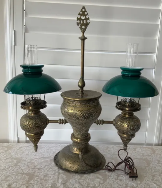 Moroccan Style Pierced Brass Student Oil Lamp, Cased Glass Shade 27.5"H