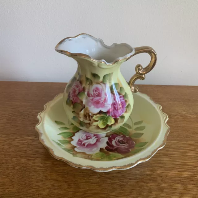 Vintage Lefton China Yellow with Pink Rose's Pitcher and Low Bowl Set