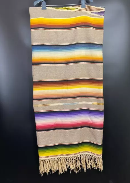 Vintage Mexican Southwestern Native Striped Rainbow Fringe Rug Blanket Sz 90x62