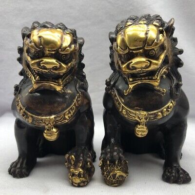Collect Feng shui Copper bronze Gilt Foo Fu Dog guardian Lion Pair lucky Statue
