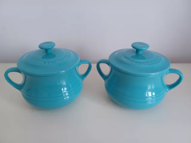 2 LE CREUSET Turquoise Petite MINI Casserole Cocotte Pots Soup Dishes & Lid NEW
