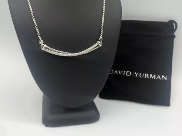 David Yurman $1250 Silver Crossover Bar Pendant Necklace with Diamonds 16-17"