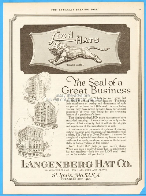 1919 Langenberg Lion Hat St Louis MO Ad Early 1900s Men's Fashion Style Print Ad