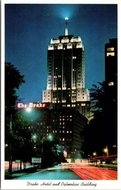 Postcard Drake Hotel Palmolive Building Night Skyline Chicago Illinois A113