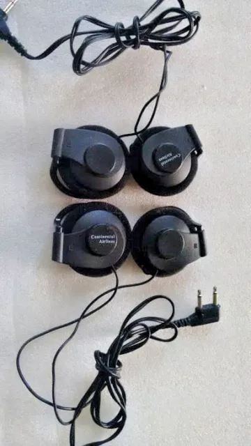 Continental Airlines Travel Headphones Earphones 2 pairs collectible black wired