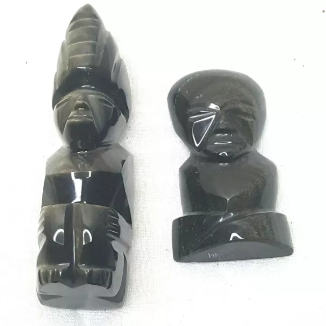 Lot of 2 Obsidian Men Carved Black Gold Sheen Apx 5" Mayan Aztec Mexican  60B