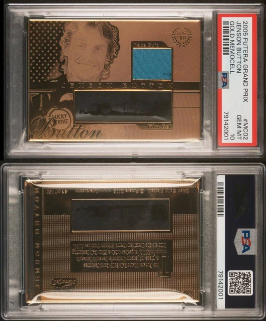 2005 Futera Grand Prix Jenson pulsante memocell oro MC02 PSA 10 F1 scheda Formula 1