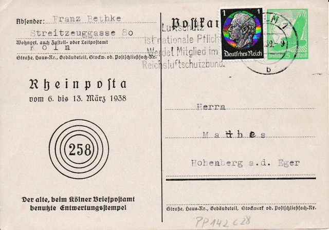 Privatganzsache, PP 142 C 28, RHEINPOSTA 1938, ZFR, Tagesstempel Köln 1