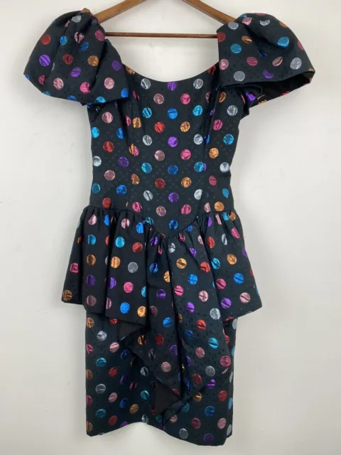 Vintage Victor Costa size 4 Women’s Black Multicolor Polka Dot Peplum Dress