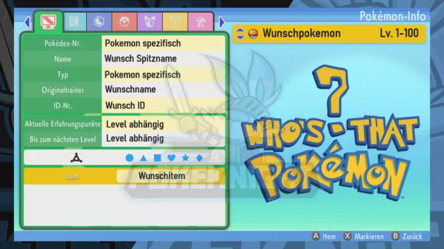 Wunsch Pokemon Shiny/ non Shiny Wesen Item Strahlender Diamant Leuchtende Perle