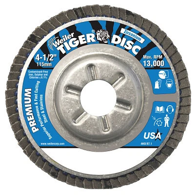 Tiger Disc Angled Style Flap Discs, 4 1/2 In, 120 Grit, 7/8 Arbor, Aluminum Back