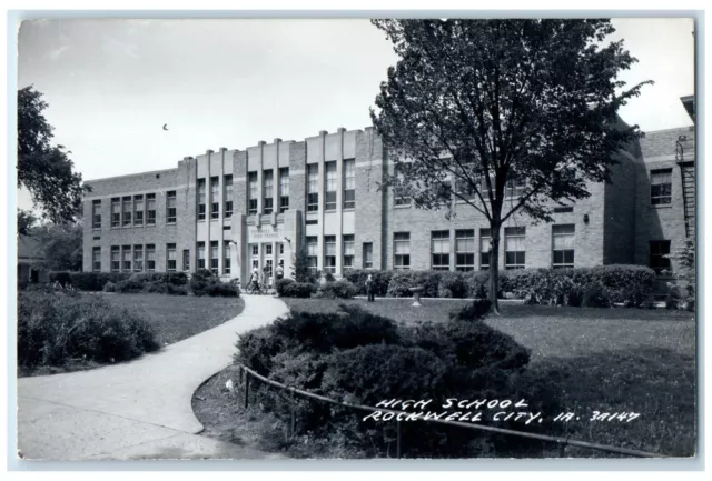 c1940's High School Building Bicycle Rockwell City Iowa IA RPPC Photo Postcard