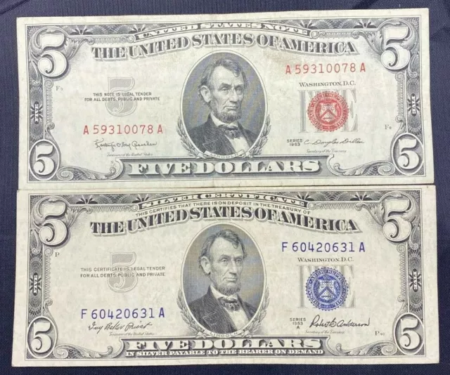 US Paper Currency $5 Dollar Collection $5 Dollar Red Seal & $5 Dollar Blue Seal