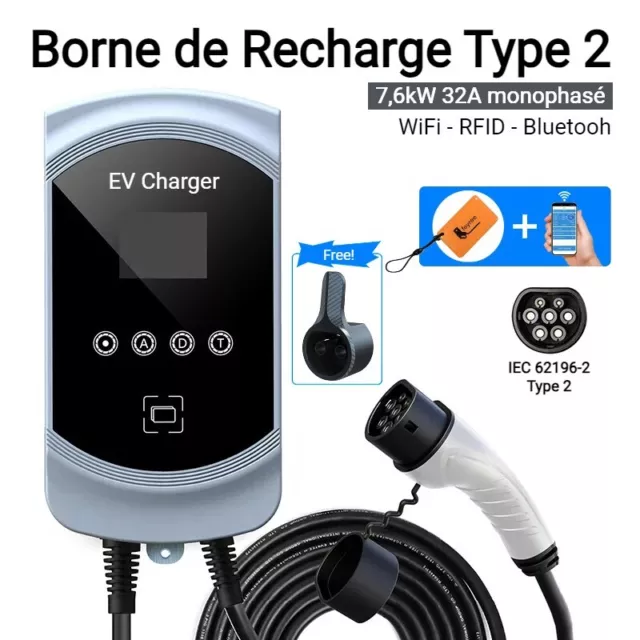 Borne de recharge EVBox - Wifi RFID - Monophasée 7,6 kW 32A AC - Type 2 - 5m