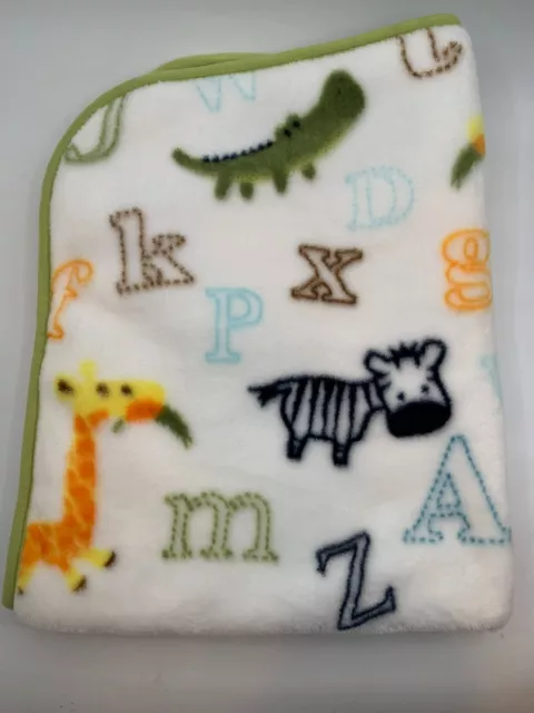 BABE LUXE White Green Trim JUNGLE Animals Alphabet 39x39 Plush Baby Blanket