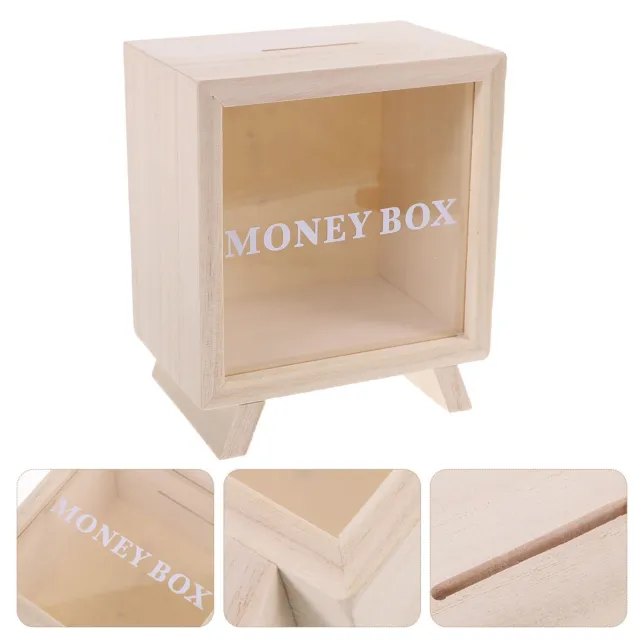 Wooden Piggy Bank Money Box Clear Window Square Heavy Duty Unfinished Storage
