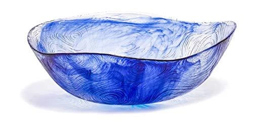 9.5 Inch 62 Ounce Etched Wavy Glass Salad Bowl, Large Tabletop Centerpiece,