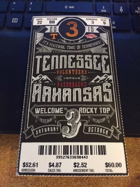 2015 Tennessee Vols Volunteers Vs Arkansas Razorbacks Ticket Stub 10/3 Football