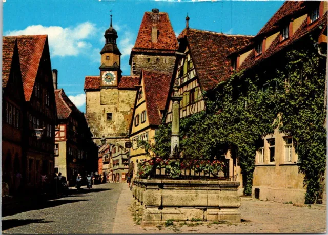 Vintage Continental Size Postcard St. Marks Tower & Street Scene Rothenburg