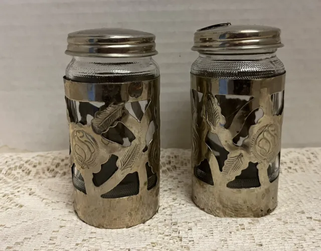 Vintage Mexican Sterling Silver Overlay Glass Cream And Sugar Jars