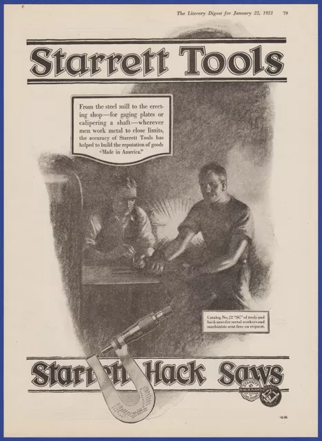 Vintage 1921 STARRETT TOOLS Hack Saws Wood Metal Shop Ephemera 20's Print Ad