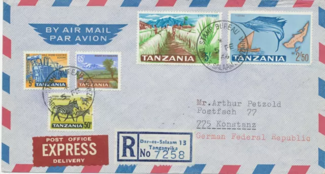 TANZANIA 1966 First Definitives 5C, 50C, 65C, 2Sh50C and 5Sh VF R-EXPRESS-Cover