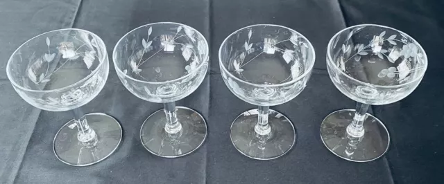 VINTAGE Champagne Sherbet Glasses 4 oz. ETCHED FLORAL Clear 4-Piece Set 2