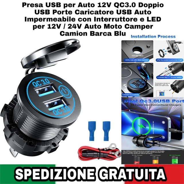 GemCoo QC3.0 Presa USB Per Auto Doppio USB In Alluminio, 12V / 24V 36W 2 Porte Caricabatteria Presa Usb Impermeabile Led