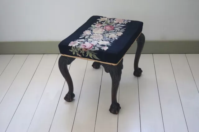 Antique Stool Embroidered Seat with Claw on Ball Feet 3