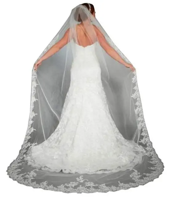 1T 3M White/ivory Bride Cathedral Lace Edge Bridal Wedding Veil With Comb