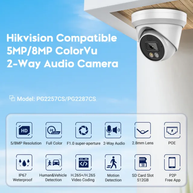 Vollfarbige Hikvision kompatible 5MP ColorVu POE Überwachungskamera 2-Wege Audio 2