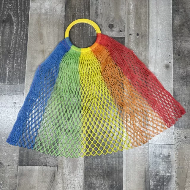 Vintage Rainbow Plastic Mesh Market Bag Tote Yellow Handles Retro Pride