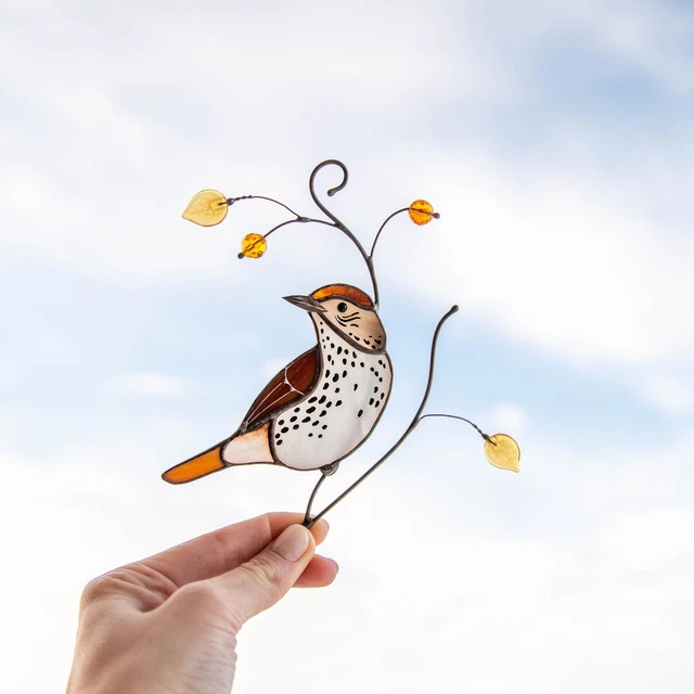 Modern Stained Glass Window Hanging Wood Thrush Suncatcher Farmhouse Decor