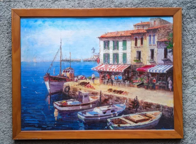 Gemälde "mediterrane Hafenpromenade" Signiert 43x33 cm