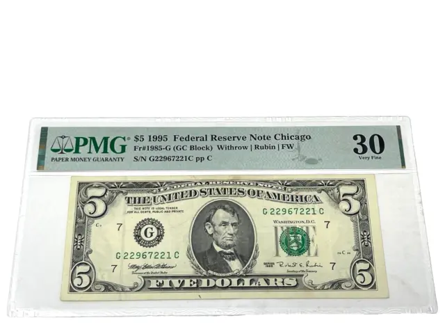 1995 $5 Five Dollars, FEDERAL RESERVE NOTE Chicago,' PMG 30 Very Fine, (#10)