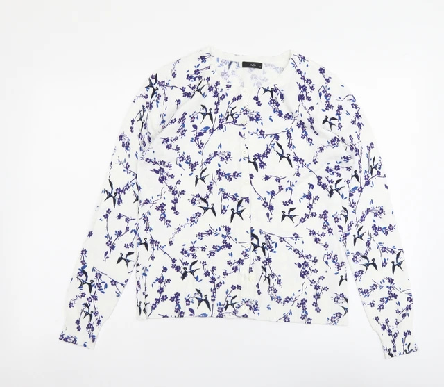 Maglione cardigan da donna bianco rotondo floreale viscosa taglia 12
