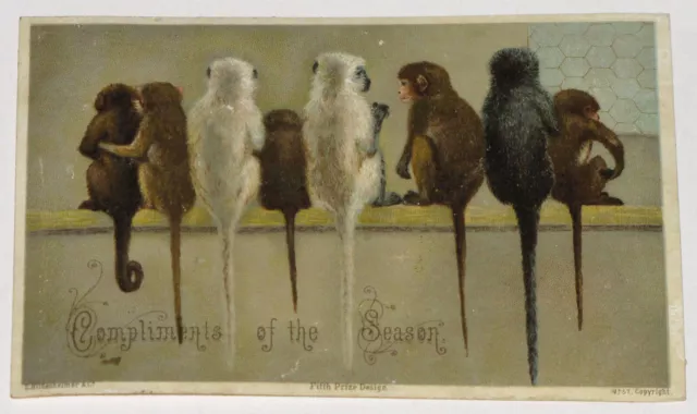 Vtg Monkies Fifth Prize Design Advertising Trade Card Compliments Of The Season