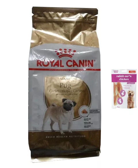 1,5kg Royal Canin  Pug 25 Adult Mops Hundefutter + 80g Fleischsnacks