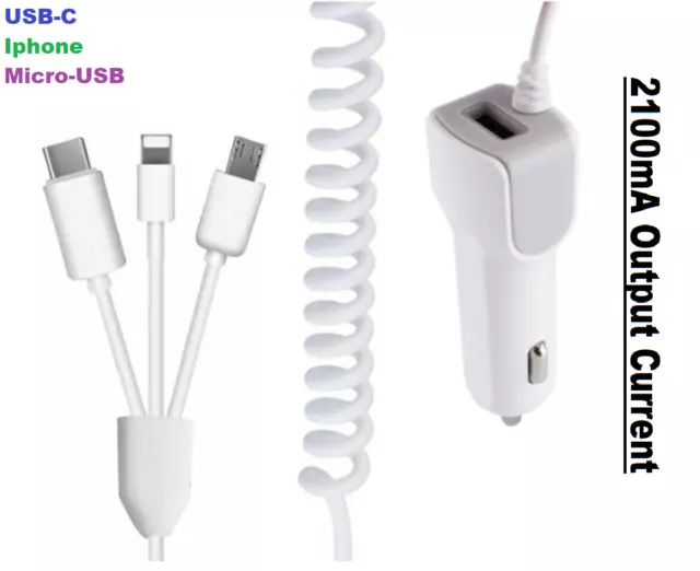 3 in 1 2100mA USB Super Fast Car Charger With Cables For iPhone USB C Micro USB