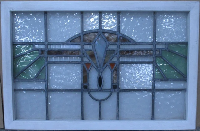 OLD ENGLISH LEADED STAINED GLASS WINDOW TRANSOM Pretty Geometric 32" x 21"