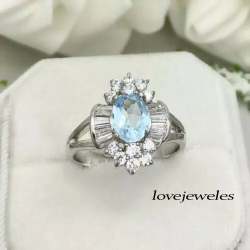 REAL AQUAMARINE 3CT Oval Cut 925 Silver Cluster Engagement Wedding Ring ...