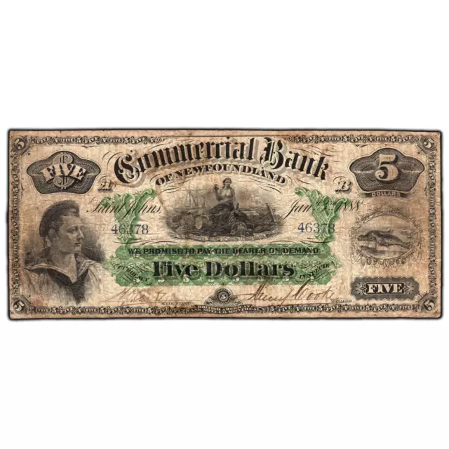$5 1888 Commercial Bank of Newfoundland Canada Chartered Note