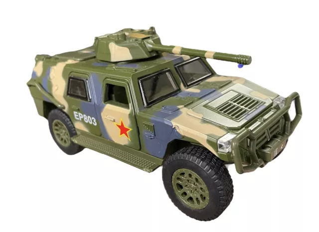 Die cast Army Truck w/ Turret; Pull n Go; Lights And War Sounds; “Double Horses”