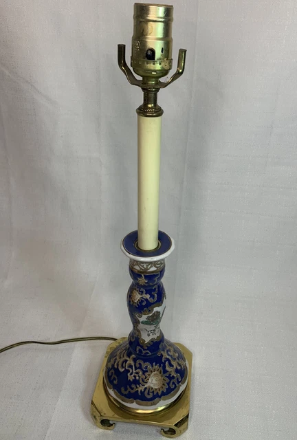 Blue/White/Gold Ornate Ceramic Candlestick Lamp W/ Brass Base Tested Working Vtg
