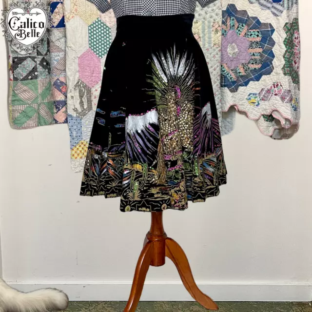 Vintage 50s Black Velvet Mexican Painted DESERT Cactus Print Circle Skirt Size M