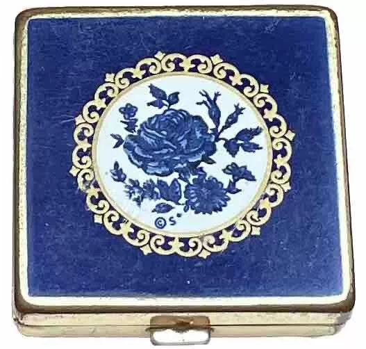 Vintage Stratton Blue White Gold Enamel Flowers Mini Compact Made England