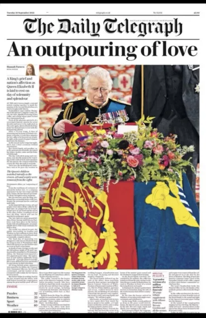 Daily Telegraph Newspaper UK Tuesday 20th September Queen Elizabeth II Funeral