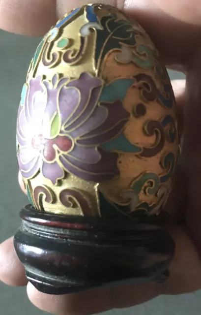 Vintage Chinese Gold Cloisonne Egg with Wood Stand Enamel Pre-owned