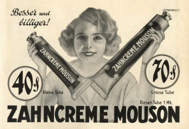 Zahnpasta Mouson Reklame v. 1928 Weber Brauns lächeln Zähne Zahnarzt Locken (KI)