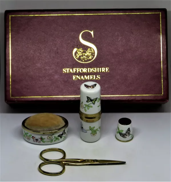 Staffordshire Enamels Vintage Sewing Set - 4 Pieces & Box - Flower & Butterfly
